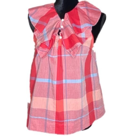 Anthropologie Isabella Sinclair Ruffled Top Shirt Sz M Pink Checkered Sleeveless - Picture 2 of 7